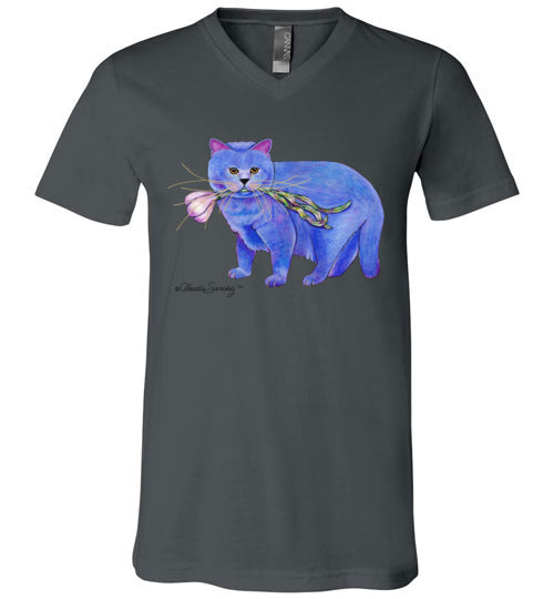 Garlic Cat V-Neck Short Sleeved T-Shirt by Claudia Sanchez