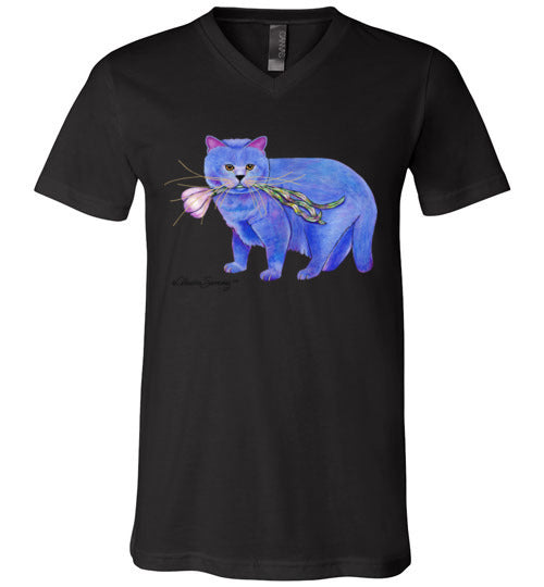 Garlic Cat V-Neck Short Sleeved T-Shirt by Claudia Sanchez