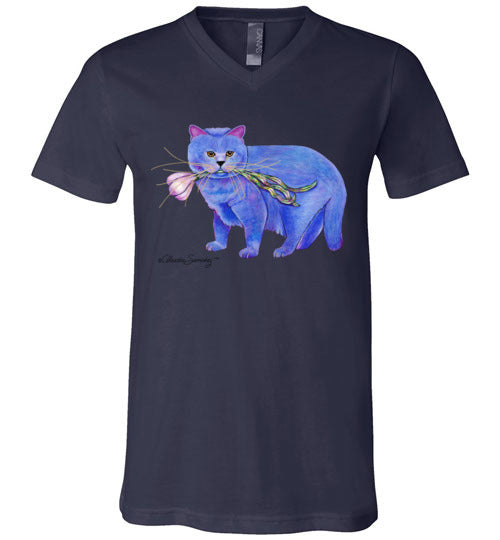 Garlic Cat V-Neck Short Sleeved T-Shirt by Claudia Sanchez