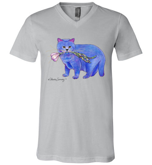 Garlic Cat V-Neck Short Sleeved T-Shirt by Claudia Sanchez