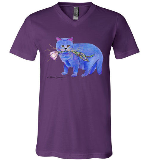 Garlic Cat V-Neck Short Sleeved T-Shirt by Claudia Sanchez
