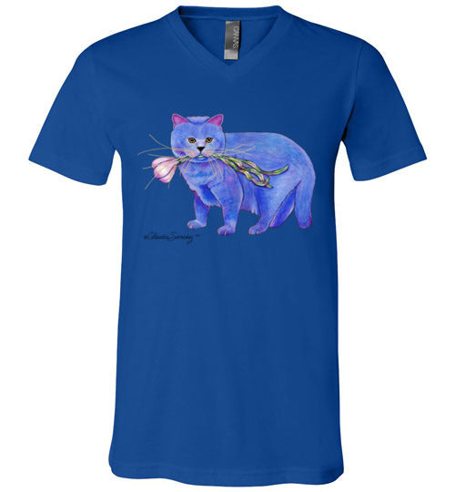 Garlic Cat V-Neck Short Sleeved T-Shirt by Claudia Sanchez