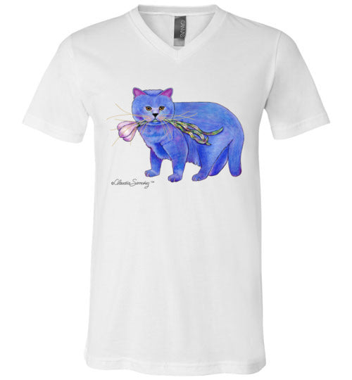 Garlic Cat V-Neck Short Sleeved T-Shirt by Claudia Sanchez
