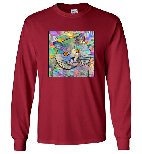 Buddy Guy Jazzy Cat Long Sleeved Cat Art Unisex T-Shirt by Claudia Sanchez