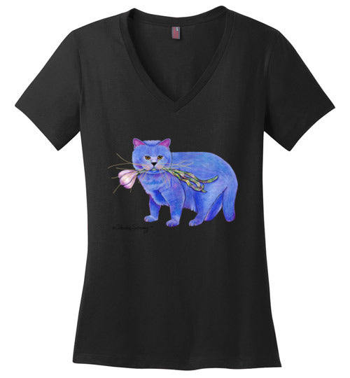 Garlic Cat V-Neck Short Sleeved T-Shirt by Claudia Sanchez