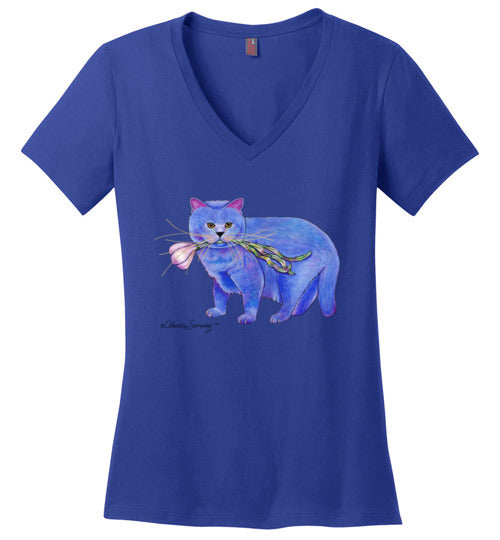 Garlic Cat V-Neck Short Sleeved T-Shirt by Claudia Sanchez