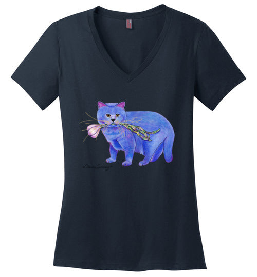 Garlic Cat V-Neck Short Sleeved T-Shirt by Claudia Sanchez