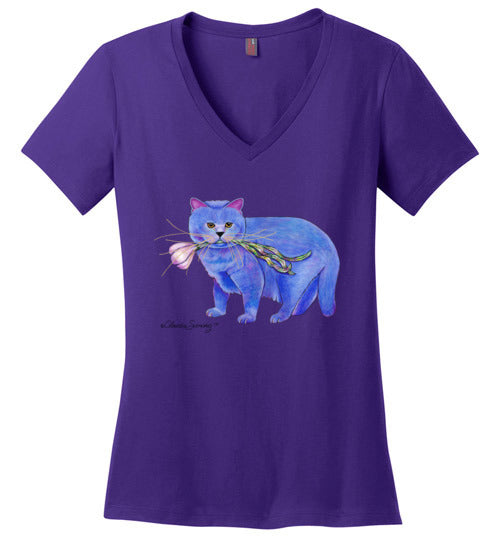 Garlic Cat V-Neck Short Sleeved T-Shirt by Claudia Sanchez