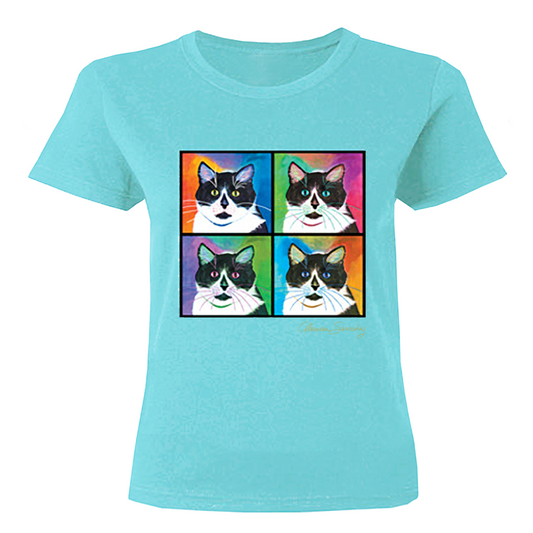 Bootie 4-Square Cat Art T-Shirt - Aqua, by Claudia Sanchez