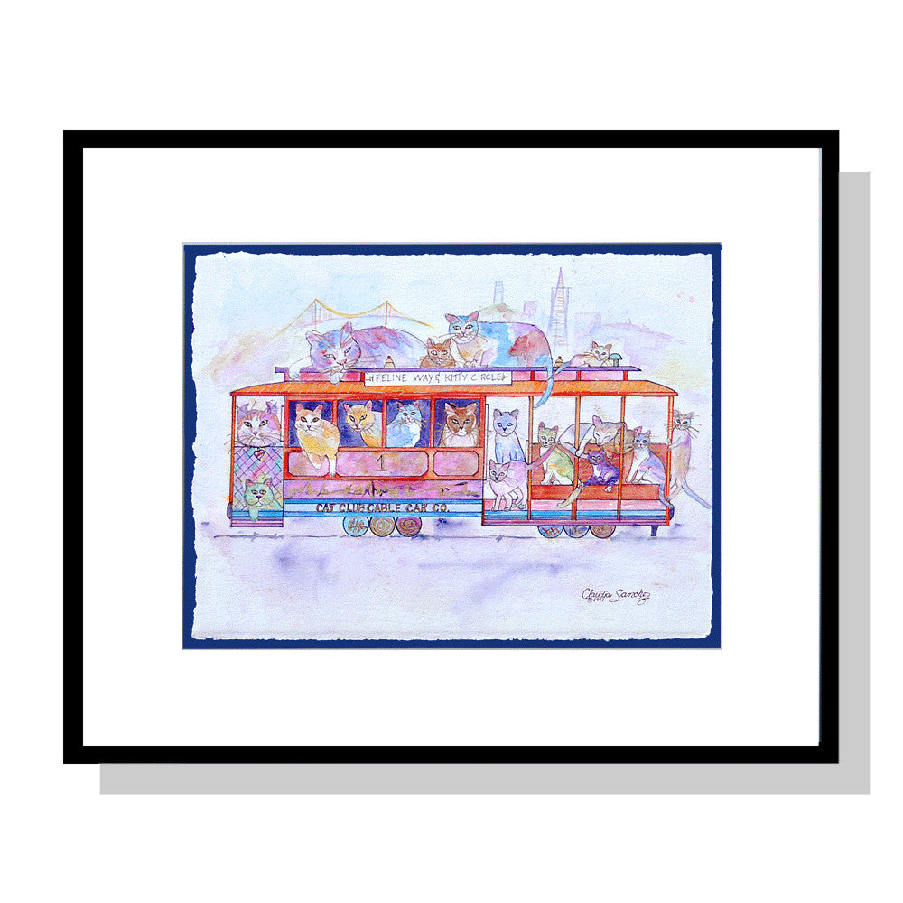 Cat Club Cable Car Company, Framed Original Artwork by Claudia Sanchez