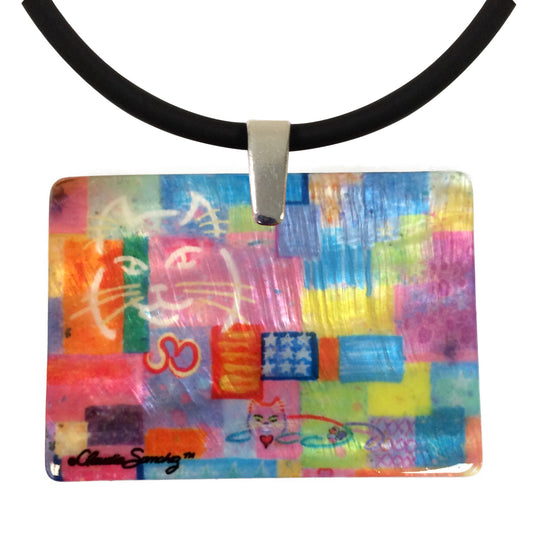 Not Our President Mother of Pearl Cat Art Pendant Necklace