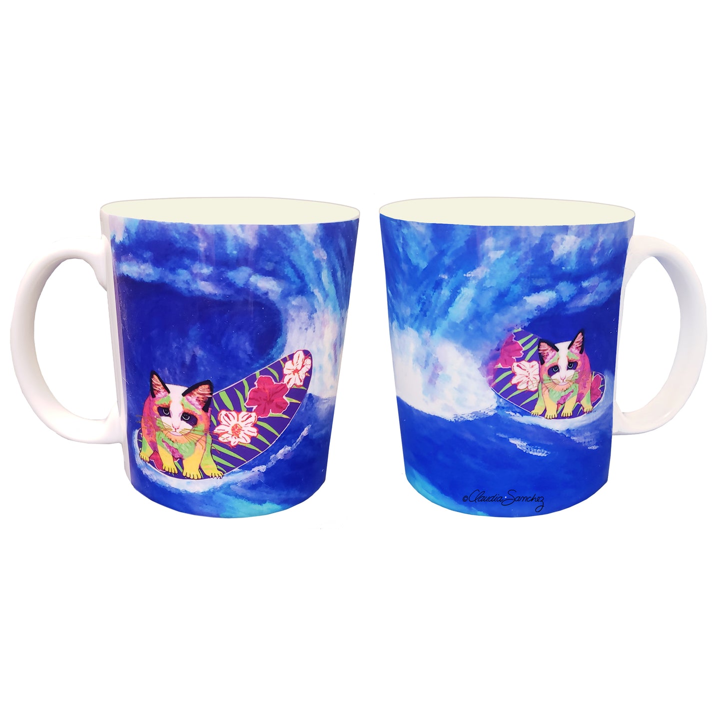 Mango Surfer Girl Mug - Cat art by Claudia Sanchez