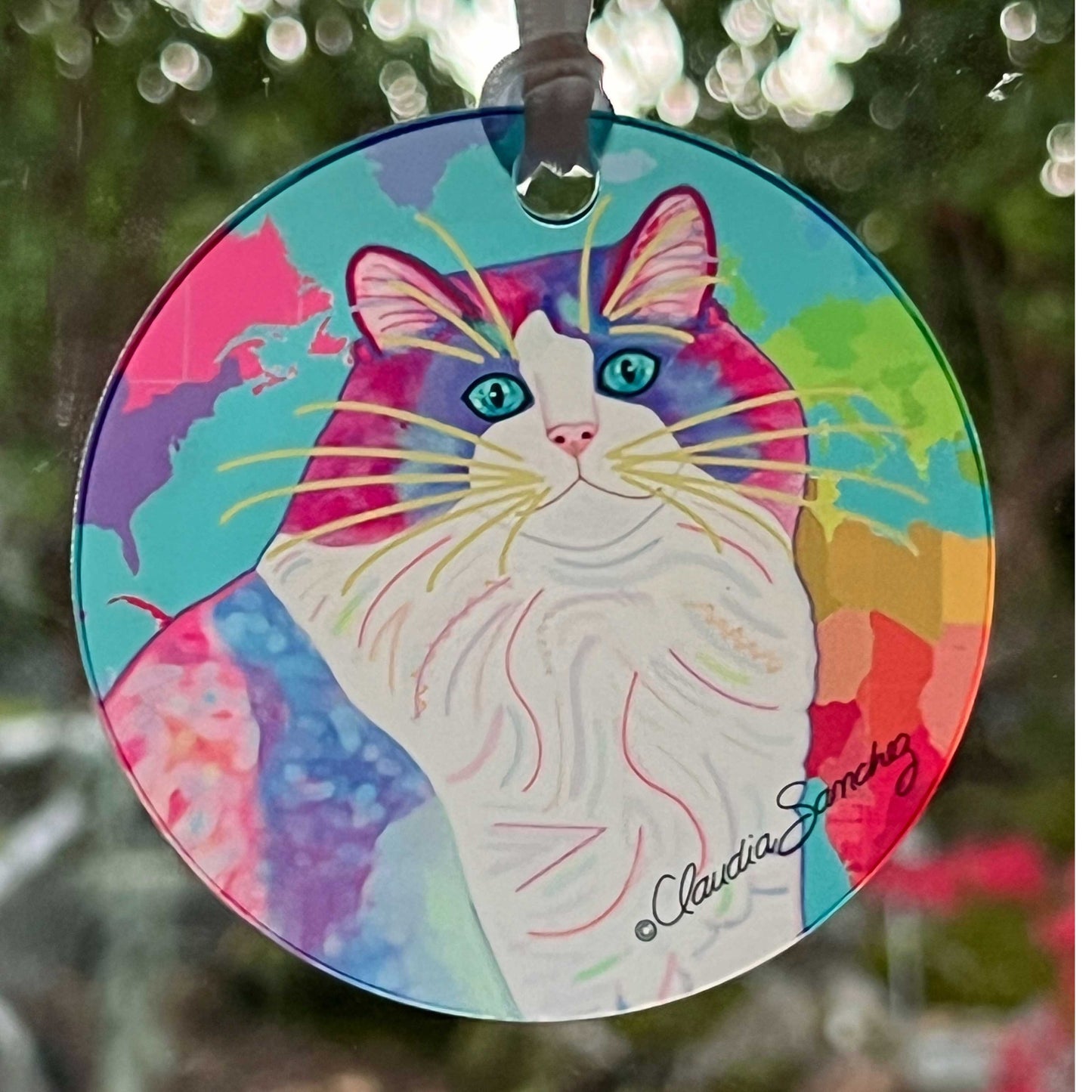 Zapata's World, Portrait on Blue, Acrylic Cat Art Ornament by Claudia Sanchez