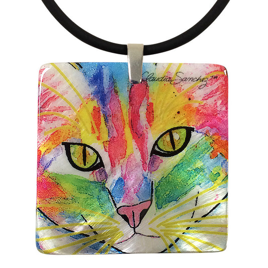 Abby Face Mother of Pearl Cat Art Pendant Necklace by Claudia Sanchez, Claudia's Cats Collection