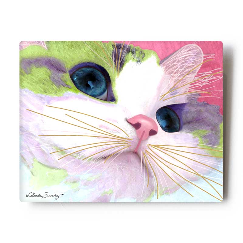 8 x 10 Aluminum Art Print features Ali Eyes, cat art by Claudia Sanchez