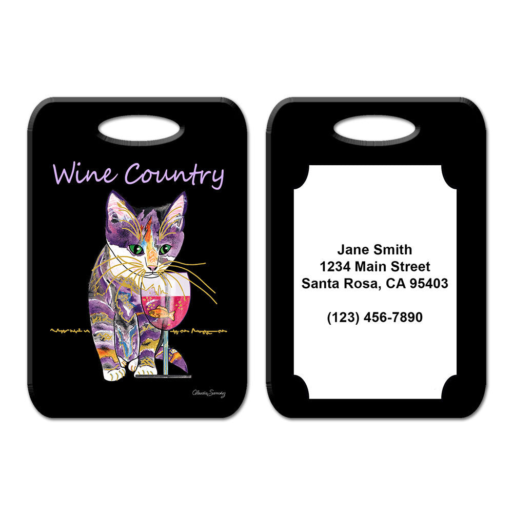 Catnip Sip - Cat Art Luggage Tag by Claudia Sanchez, Wine Country Cats