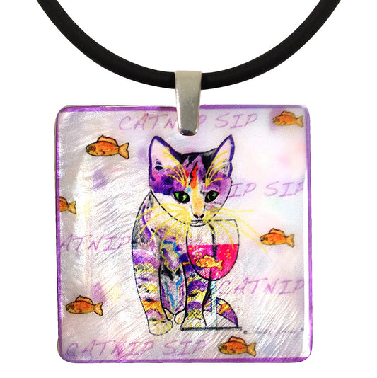 Catnip Sip with Fish Mother of Pearl Pendant Necklace by Claudia Sanchez, Claudia's Cats Collection
