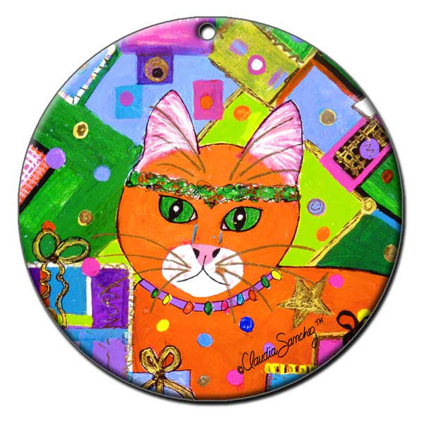 Christmas in Orange Porcelain Cat Art Christmas Ornament by Claudia Sanchez, Claudia's Cats Collection