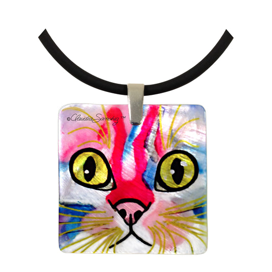 Elliot Face Mother of Pearl Cat Art Pendant Necklace by Claudia Sanchez