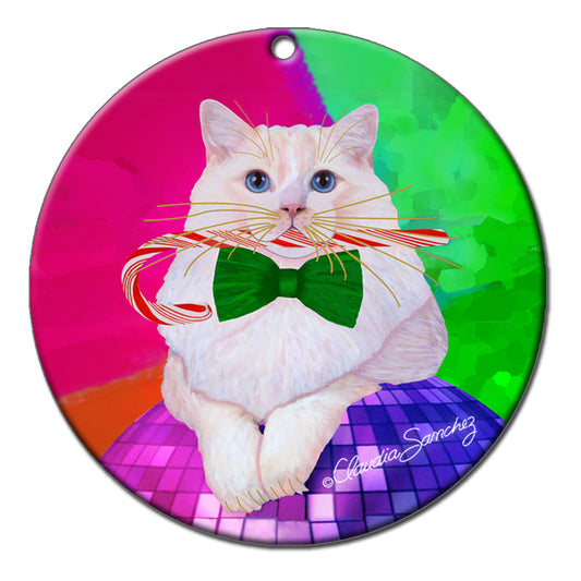 Erik's Christmas Party Ball Porcelain Cat Art Christmas Ornament by Claudia Sanchez