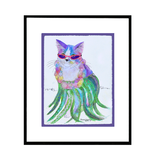 Holly Hula Cat - Framed Original Cat Art by Claudia Sanchez