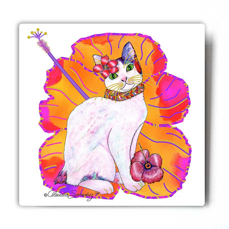 Monica Hibiscus Cat Art Metal Print by Claudia Sanchez