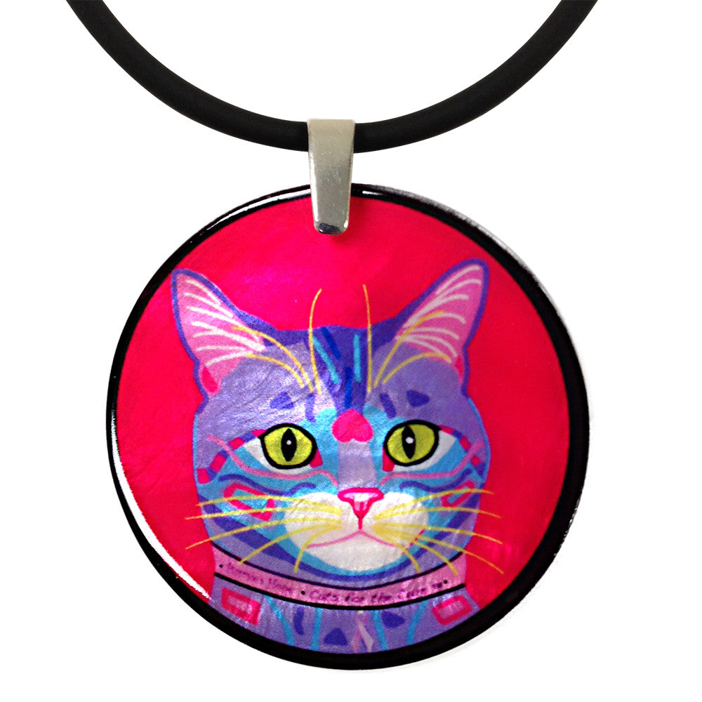 Purrsie's Portrait Round Mother of Pearl Cat Art Pendant Necklace by Claudia Sanchez, Cats for the Cure