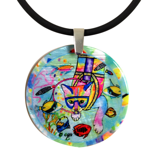 Scuba Cat Mother of Pearl Cat Art Pendant Necklace by Claudia Sanchez, Claudia's Cats Collection