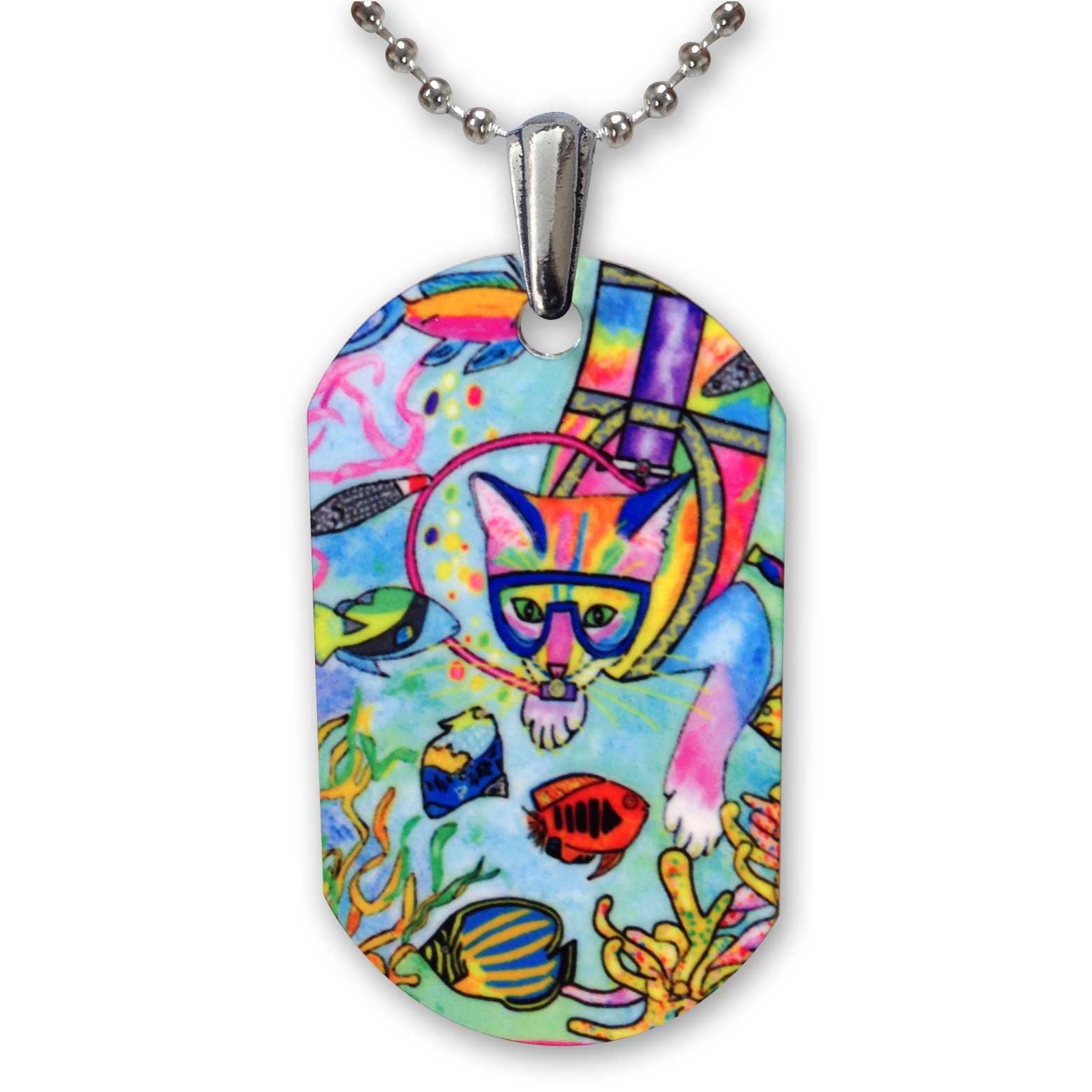 Scuba Cat Aluminum Cat Art Pendant Necklace by Claudia Sanchez, Claudia's Cats Collection