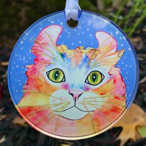 Simba in Periwinkle Cat Art  Acrylic Ornament by Claudia Sanchez