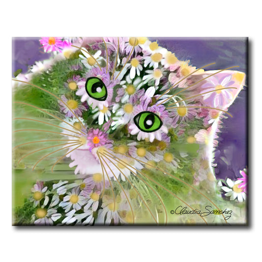 Simon in Bloom 8x10" Decorative Ceramic Cat Art Tile by Claudia Sanchez