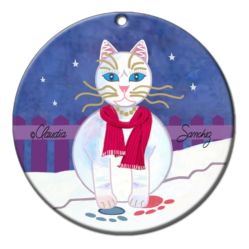 Snow Princess Porcelain Cat Art Ceramic Christmas Ornament by Claudia Sanchez