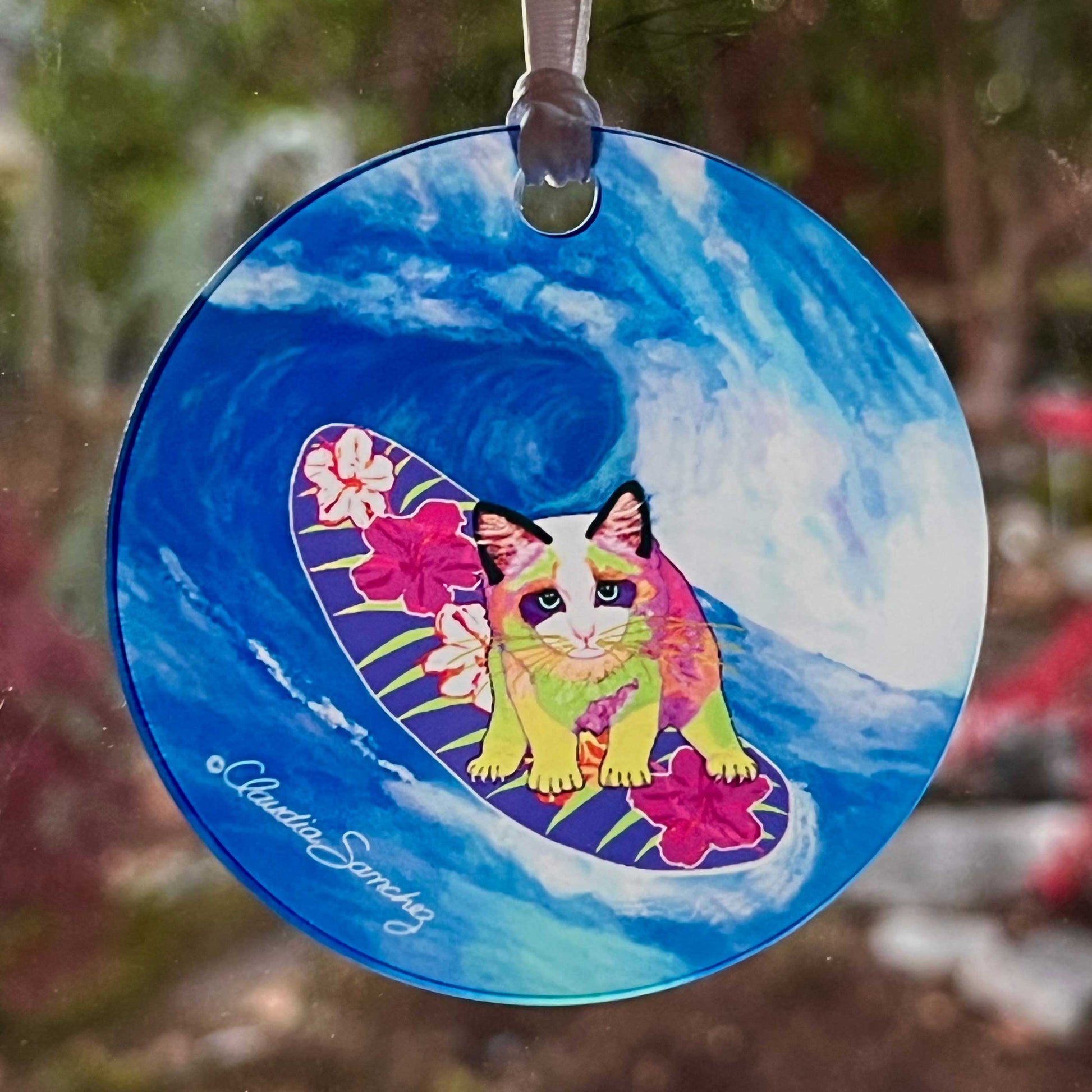 Surfer Girl Acrylic Cat Art Ornament by Claudia Sanchez