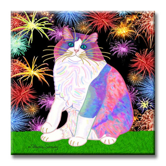 Zapata's Celebration Time - Ceramic Cat Art Tile by Claudia Sanchez, Claudia's Cats Collection