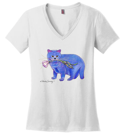 Garlic Cat V-Neck Short Sleeved T-Shirt by Claudia Sanchez