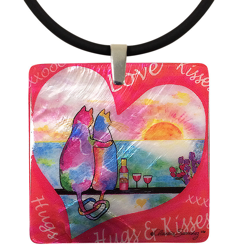 Two Cats in Heart Mother of Pearl Cat Art Pendant Necklace by Claudia Sanchez, Claudia's Cats