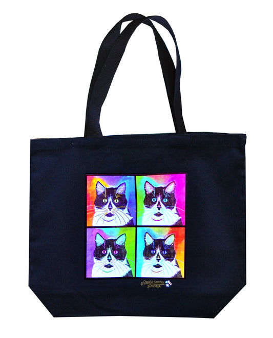 Bootie Four-Square Cat Art Tote Bag by Claudia Sanchez, Claudia's Cats Collection