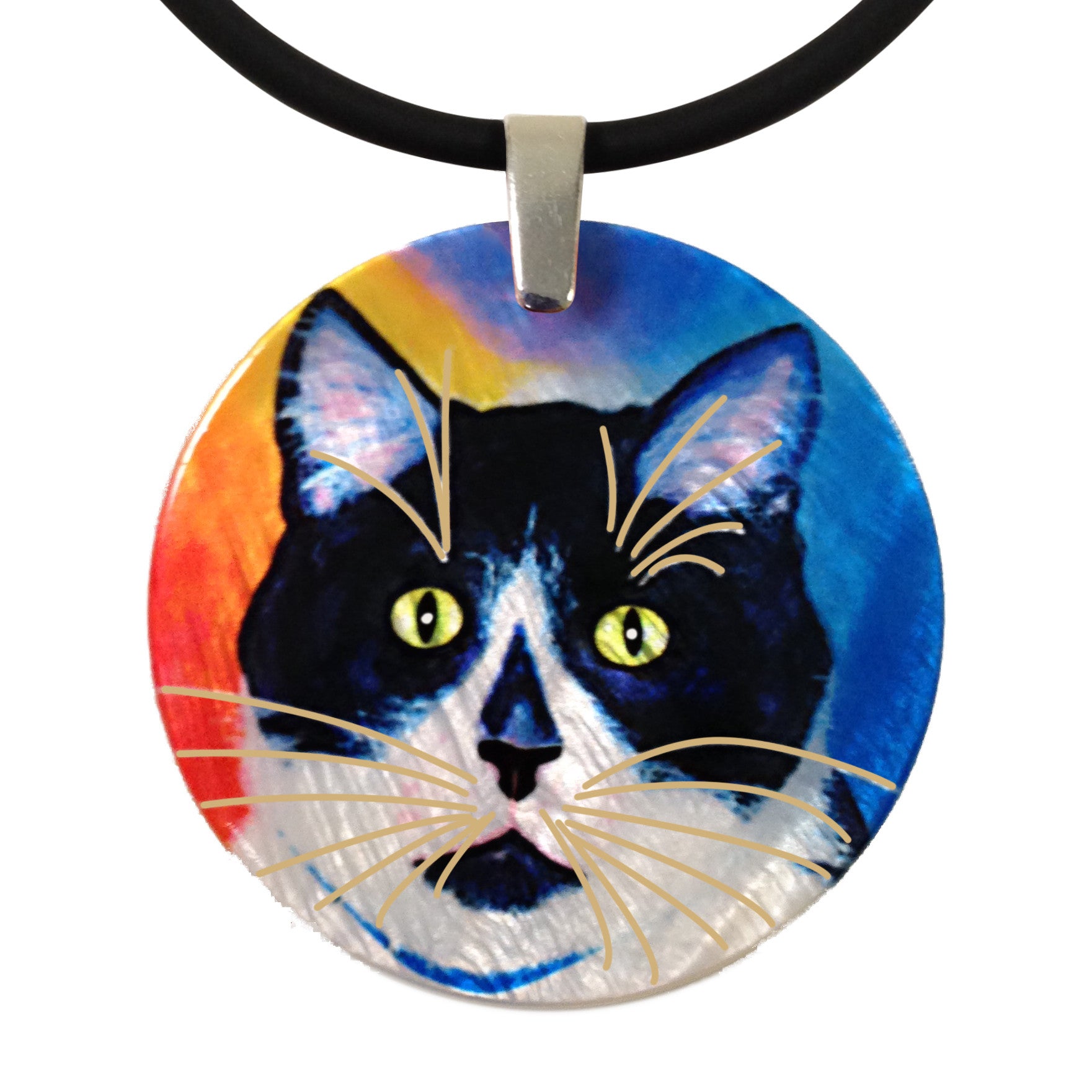 Bootie Round Mother of Pearl Cat Art Pendant Necklace by Claudia Sanchez, Claudia's Cats Collection