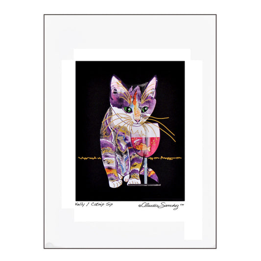 Catnip Sip on Black Background, Archival Matted Cat Art Print by Claudia Sanchez