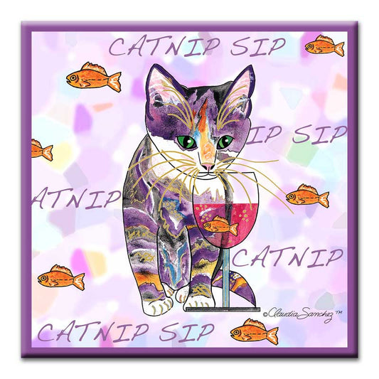 Catnip Sip with Goldfish - Cat Art Ceramic Tile by Claudia Sanchez, Claudia's Cats Collection