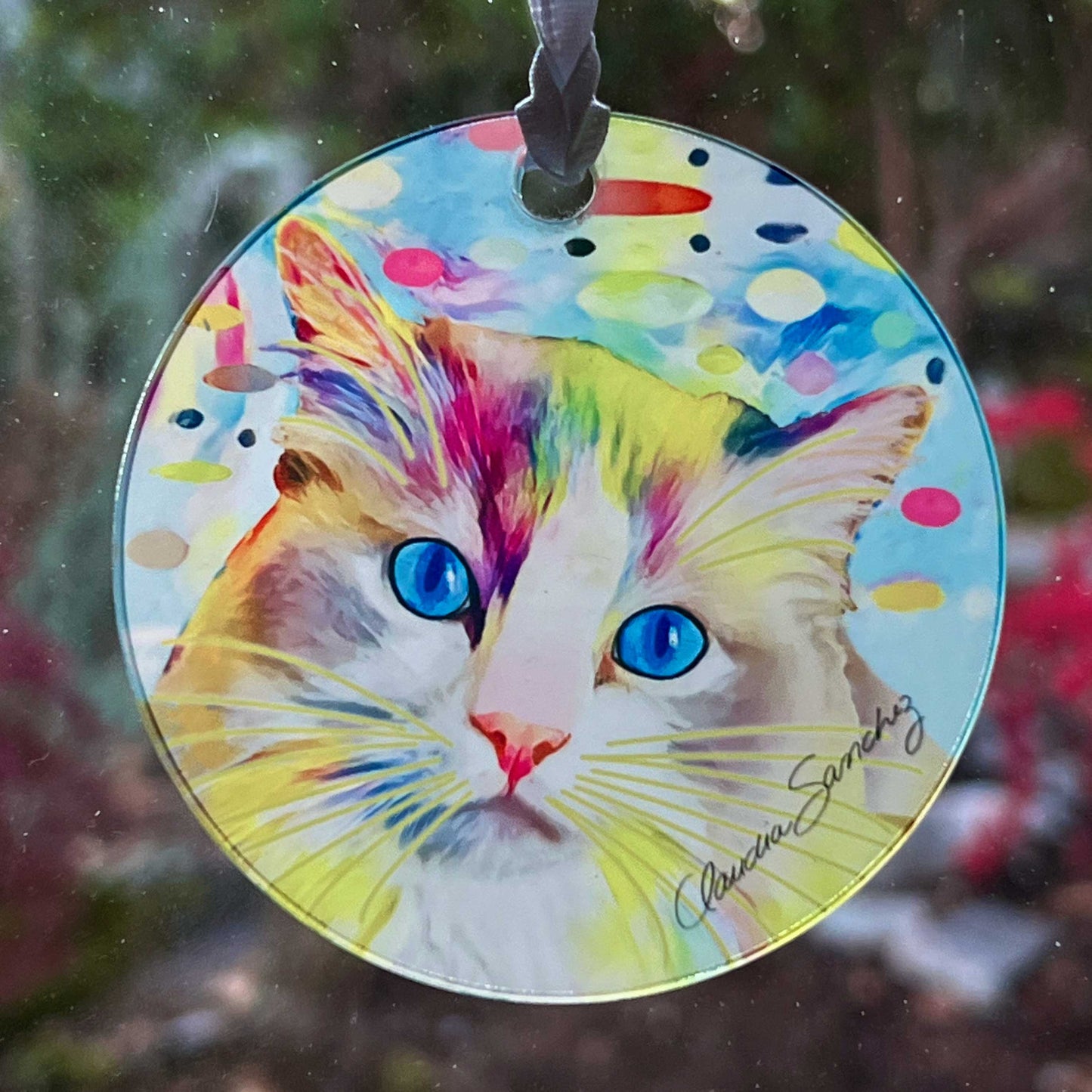 Gunner's Face in Space Acrylic Cat Art Ornament by Claudia Sanchez