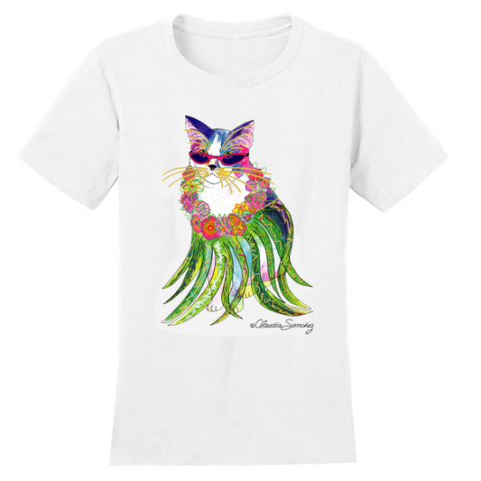 Holly Hula Cat Hawaiian Cat Art T-Shirt by Claudia Sanchez