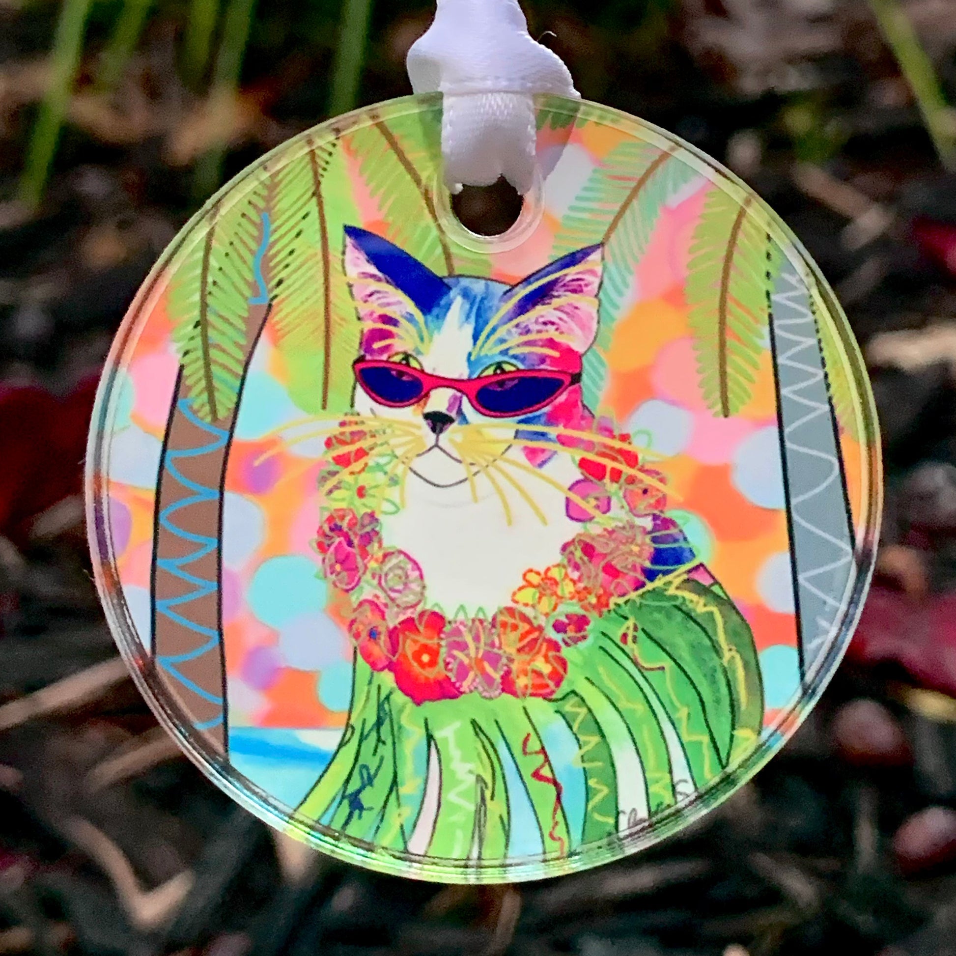 Holly Hula Cat Acrylic Christmas Ornament by Claudia Sanchez, Claudia's Cats Collection
