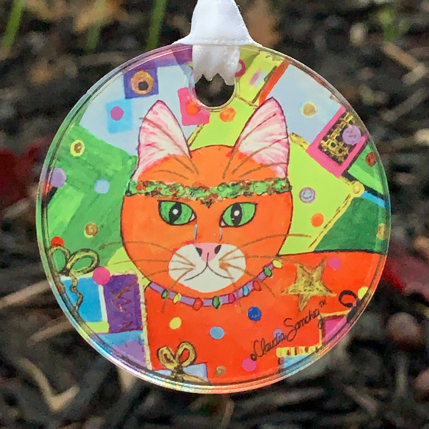 Christmas in Orange Acrylic Cat Art Christmas Ornament by Claudia Sanchez, Claudia's Cats Collection