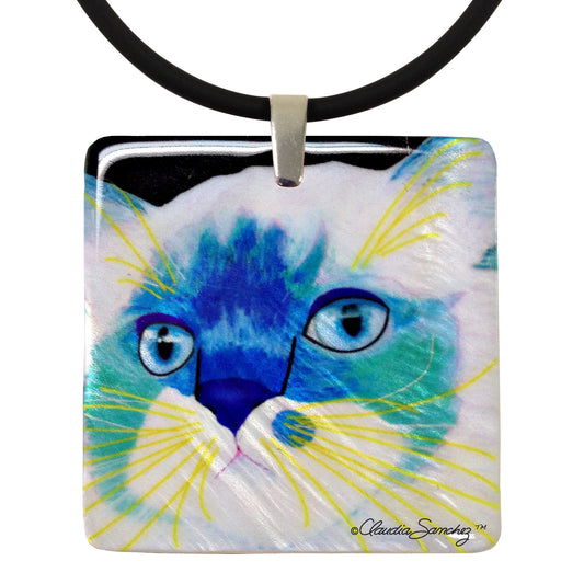 Juliette's Face Mother of Pearl Cat Art Pendant Necklace by Claudia Sanchez, Claudia's Cats collection