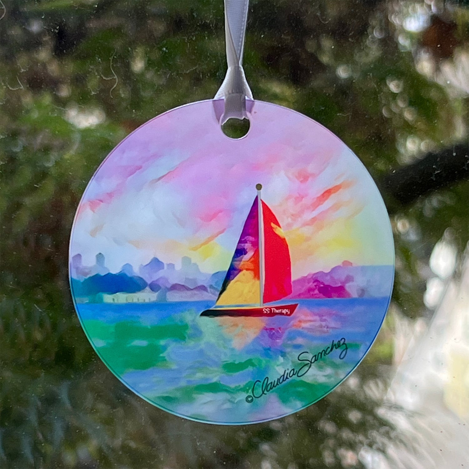 Sailboat SS Therapy Acrylic Cat Art Ornament by Claudia Sanchez