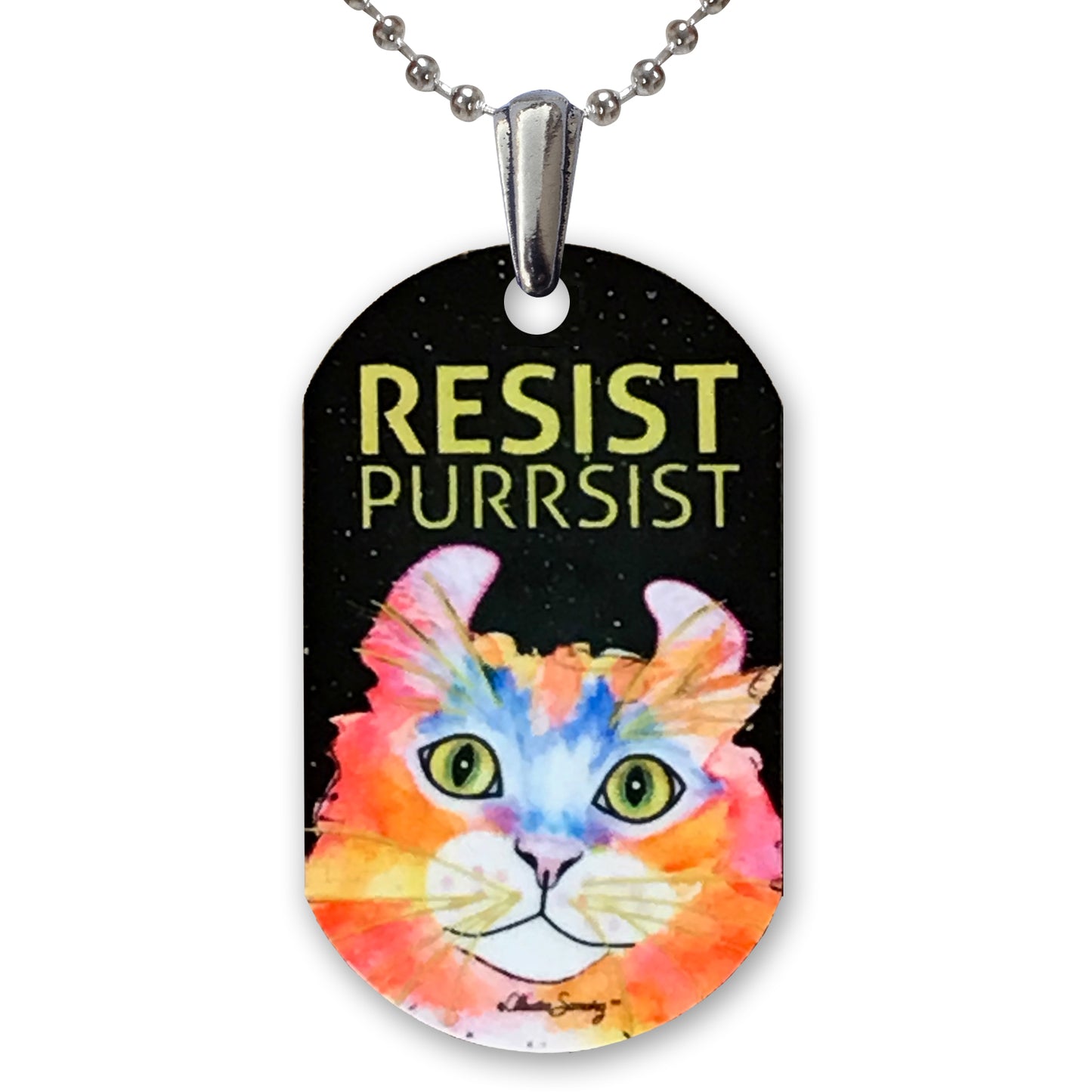 Simba RESIST•PURRSIST Aluminum Cat Art Pendant Necklace by Claudia Sanchez, Claudia's Cats Collection