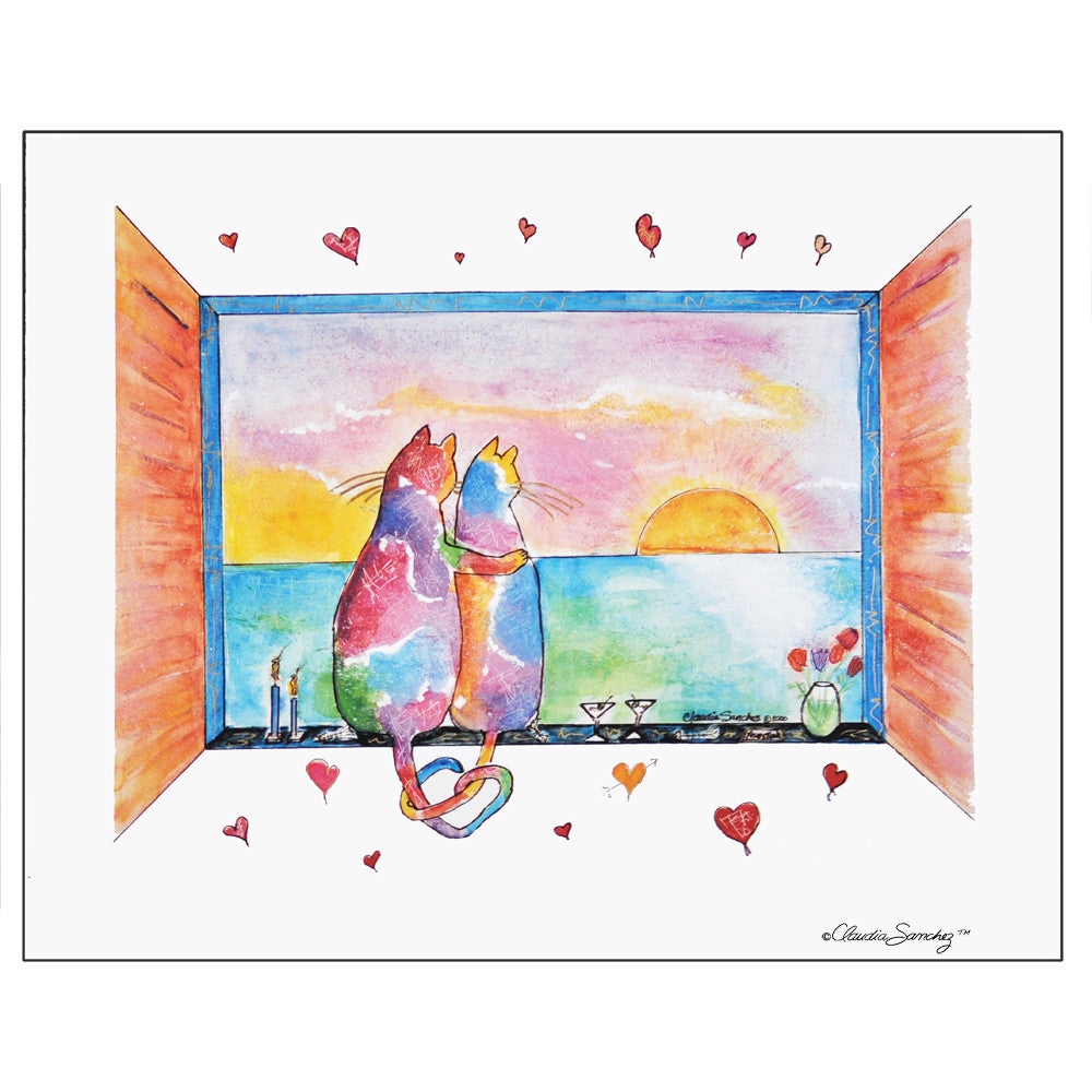 Two Cats in Love, Martini Version - Giclee on Watercolor Paper by Claudia Sanchez