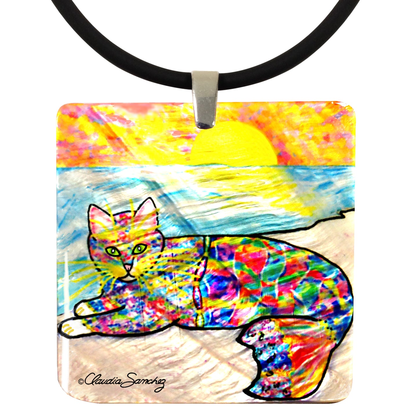 Abby Mercat Mother of Pearl Cat Art Pendant Necklace by Claudia Sanchez, Claudia's Cats Collection