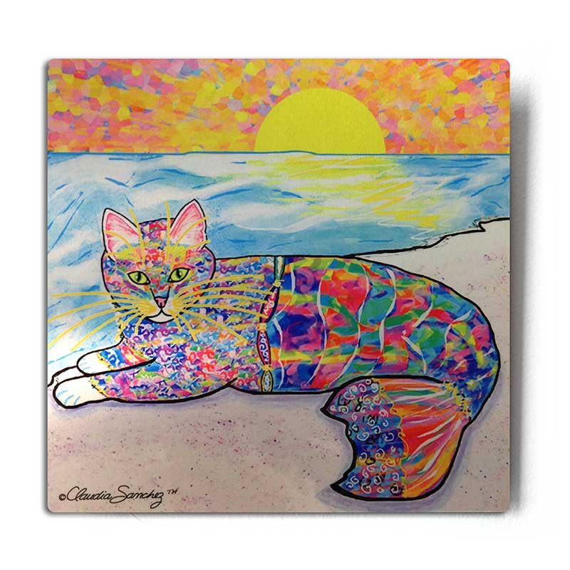 Abby Mercat Aluminum Cat Art Print - Silver Background